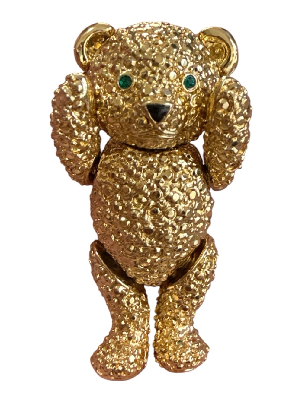 Vintage gold-tone articulated teddy bear brooch highly collectible